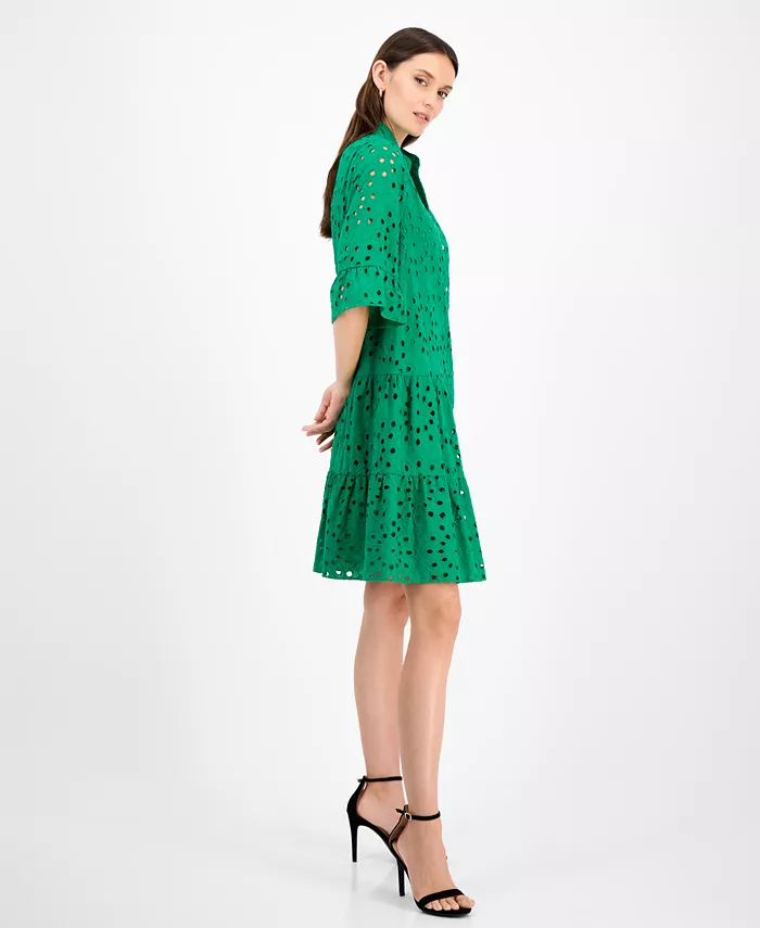 Alfani Anne Klein Petite Stand Collar Tiered Cotton Shirtdress Women's Fashion Shoes & Accessories