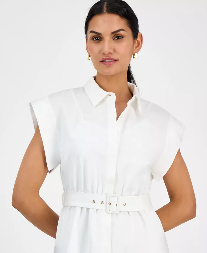 Alfani Anne Klein Women's Belted Drop-Sleeve Shirtdress Women's Fashion Shoes & Accessories