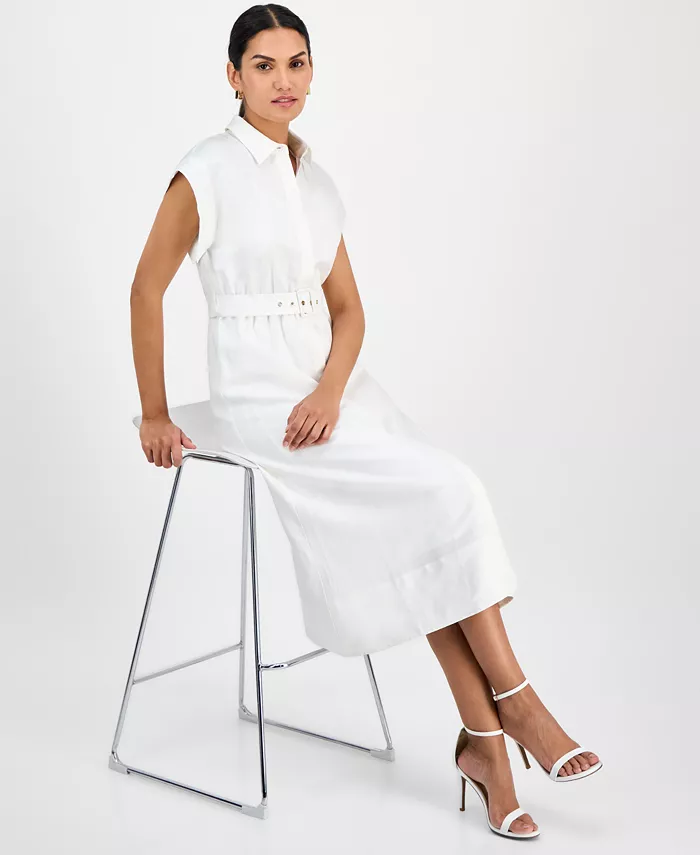 Alfani Anne Klein Women's Belted Drop-Sleeve Shirtdress Women's Fashion Shoes & Accessories