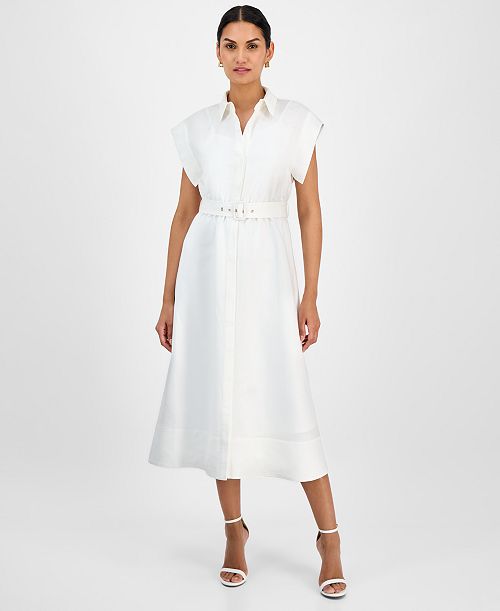 alfani Anne Klein Women's Belted Drop-Sleeve Shirtdress Women's Fashion Shoes & Accessories