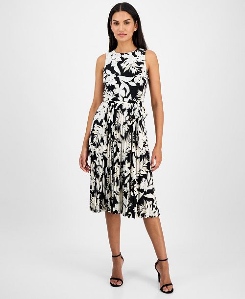 alfani Anne Klein Women's Belted Floral-Print Dress Women's Fashion Shoes & Accessories