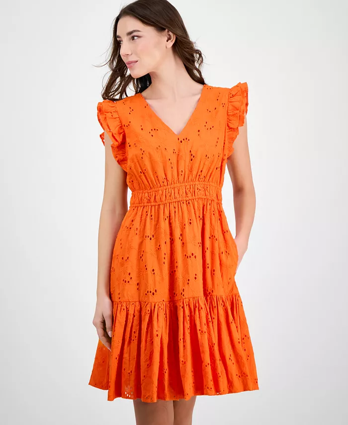 Alfani Anne Klein Women's Cotton Eyelet Drawstring-Waist Dress Women's Fashion Shoes & Accessories