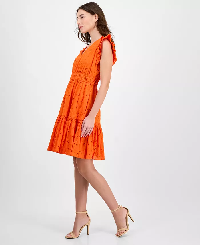 Alfani Anne Klein Women's Cotton Eyelet Drawstring-Waist Dress Women's Fashion Shoes & Accessories