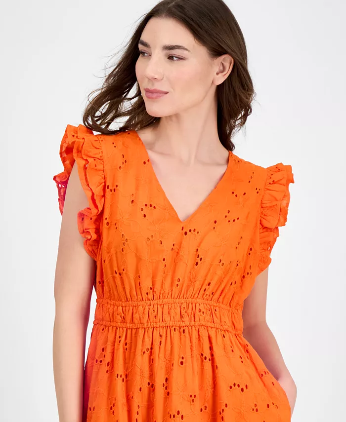 Alfani Anne Klein Women's Cotton Eyelet Drawstring-Waist Dress Women's Fashion Shoes & Accessories