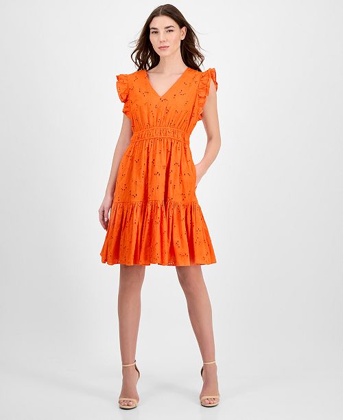 alfani Anne Klein Women's Cotton Eyelet Drawstring-Waist Dress Women's Fashion Shoes & Accessories