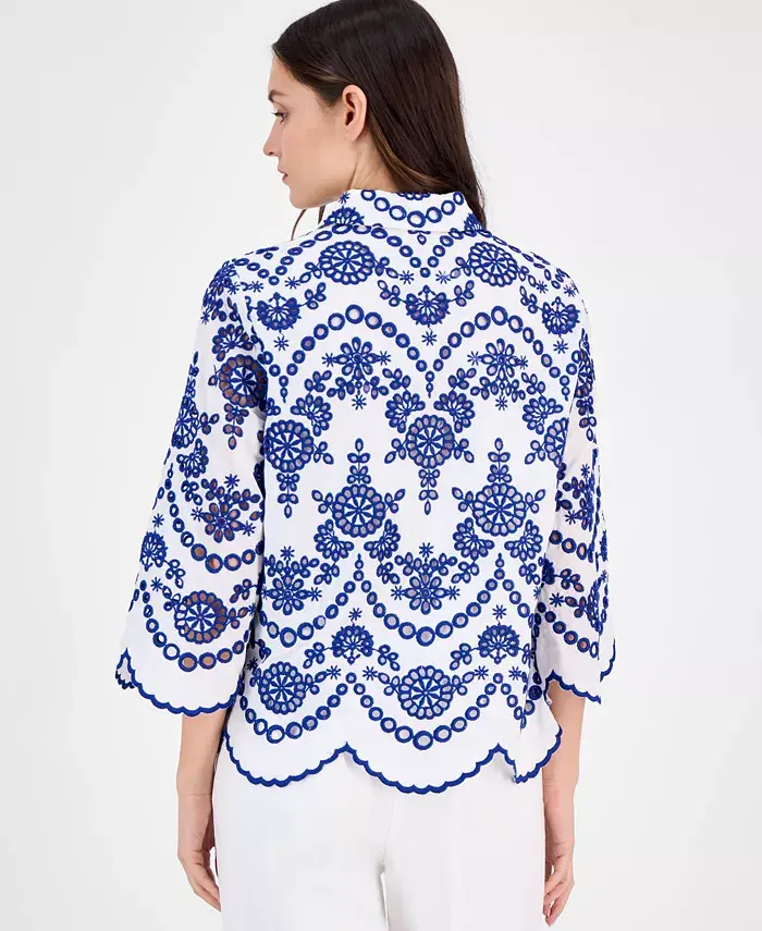 Alfani Anne Klein Women's Cotton Eyelet Scalloped Shirt Women's Fashion Shoes & Accessories