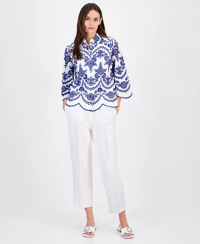 Alfani Anne Klein Women's Cotton Eyelet Scalloped Shirt Women's Fashion Shoes & Accessories