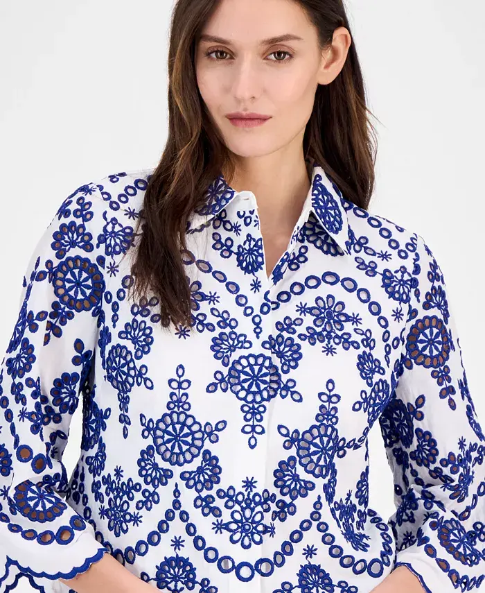 Alfani Anne Klein Women's Cotton Eyelet Scalloped Shirt Women's Fashion Shoes & Accessories
