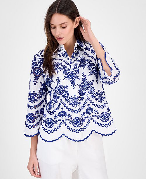 alfani Anne Klein Women's Cotton Eyelet Scalloped Shirt Women's Fashion Shoes & Accessories