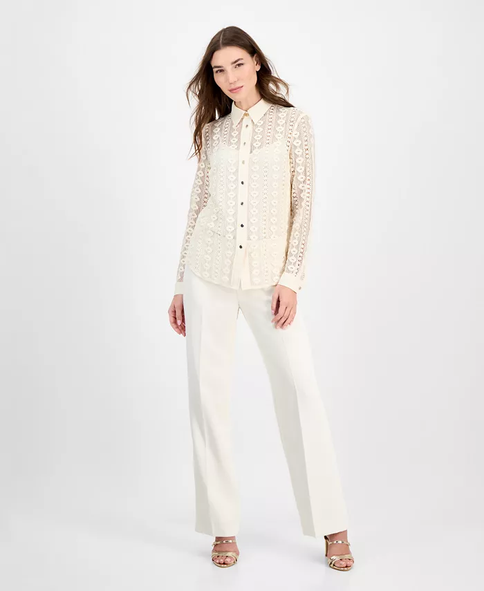 Alfani Anne Klein Women's Cotton Long-Sleeve Crochet Shirt Women's Fashion Shoes & Accessories