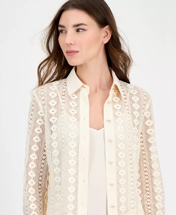 Alfani Anne Klein Women's Cotton Long-Sleeve Crochet Shirt Women's Fashion Shoes & Accessories