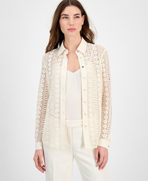 alfani Anne Klein Women's Cotton Long-Sleeve Crochet Shirt Women's Fashion Shoes & Accessories