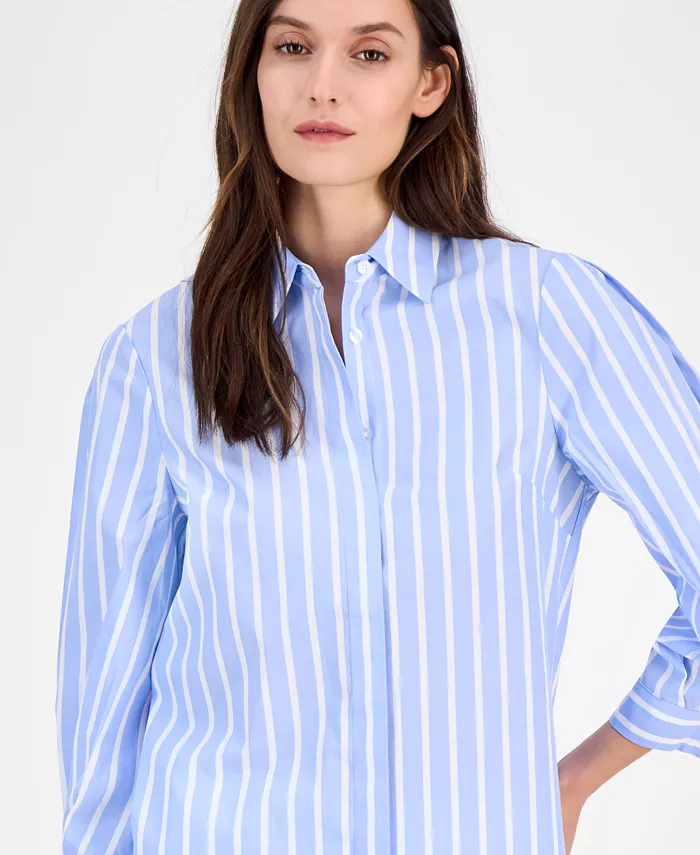 Alfani Anne Klein Women's Cotton Poplin Striped 3/4-Sleeve Blouse Women's Fashion Shoes & Accessories