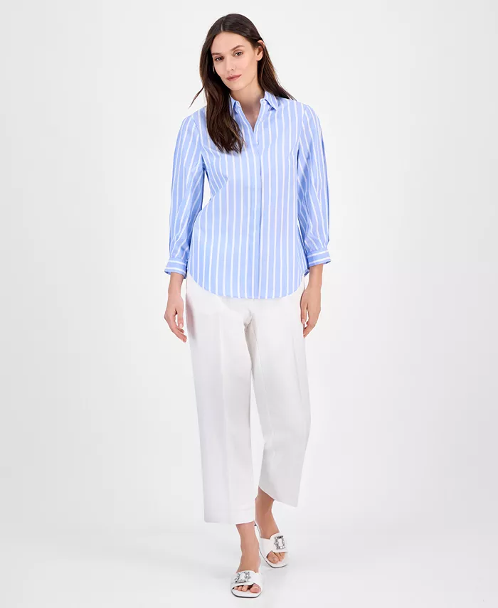 Alfani Anne Klein Women's Cotton Poplin Striped 3/4-Sleeve Blouse Women's Fashion Shoes & Accessories