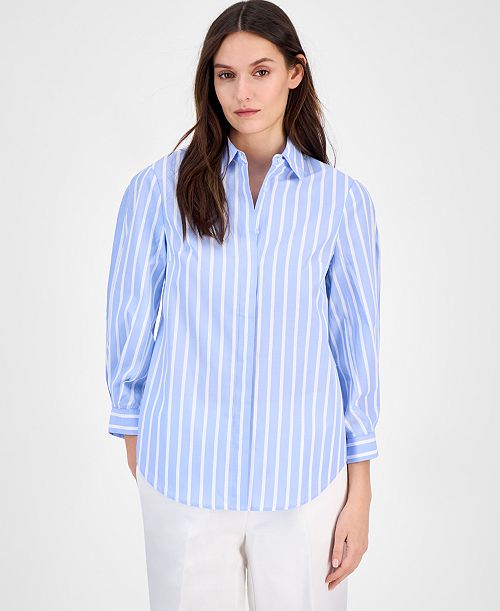alfani Anne Klein Women's Cotton Poplin Striped 3/4-Sleeve Blouse Women's Fashion Shoes & Accessories