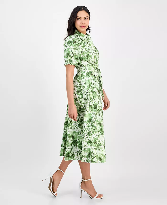 Alfani Anne Klein Women's Cotton Puff-Sleeve Belted Shirtdress Women's Fashion Shoes & Accessories