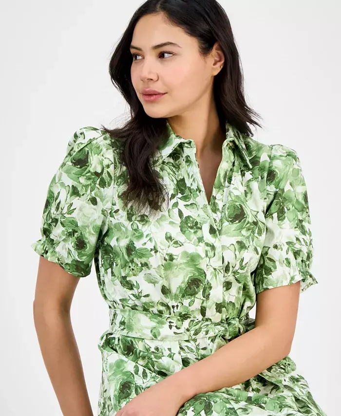 Alfani Anne Klein Women's Cotton Puff-Sleeve Belted Shirtdress Women's Fashion Shoes & Accessories