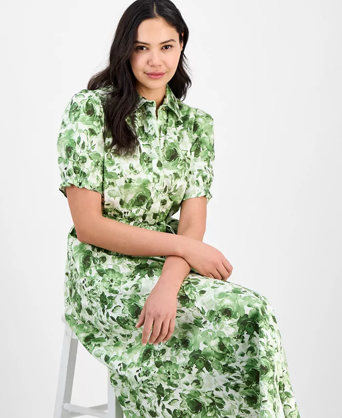 Alfani Anne Klein Women's Cotton Puff-Sleeve Belted Shirtdress Women's Fashion Shoes & Accessories