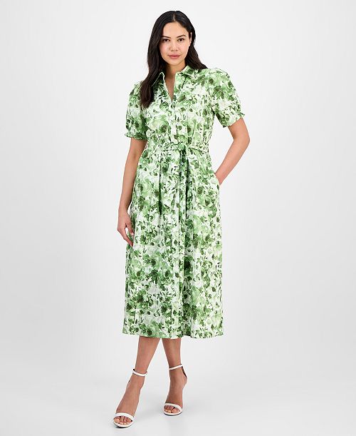 alfani Anne Klein Women's Cotton Puff-Sleeve Belted Shirtdress Women's Fashion Shoes & Accessories