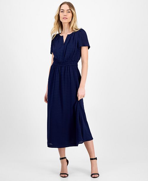 alfani Anne Klein Women's Elastic-Waist Short-Sleeve Midi Dress Women's Fashion Shoes & Accessories