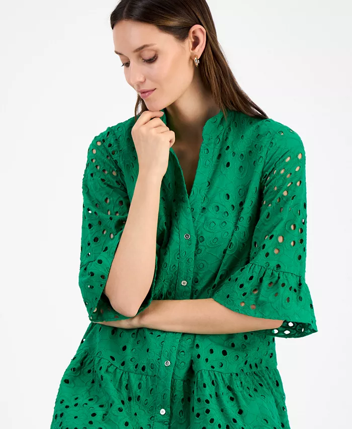 Alfani Anne Klein Women's Eyelet Embroidered Cotton Flare-Sleeve Shirtdress Women's Fashion Shoes & Accessories