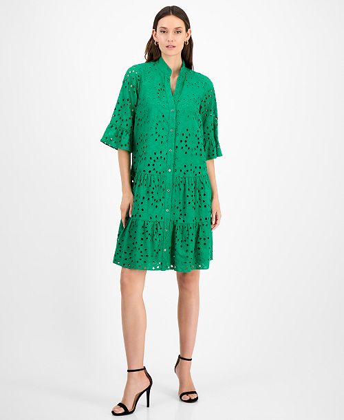 alfani Anne Klein Women's Eyelet Embroidered Cotton Flare-Sleeve Shirtdress Women's Fashion Shoes & Accessories