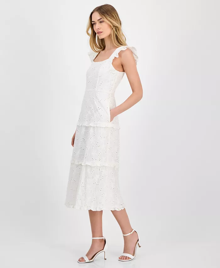 Alfani Anne Klein Women's Eyelet Square-Neck Tiered Midi Dress Women's Fashion Shoes & Accessories