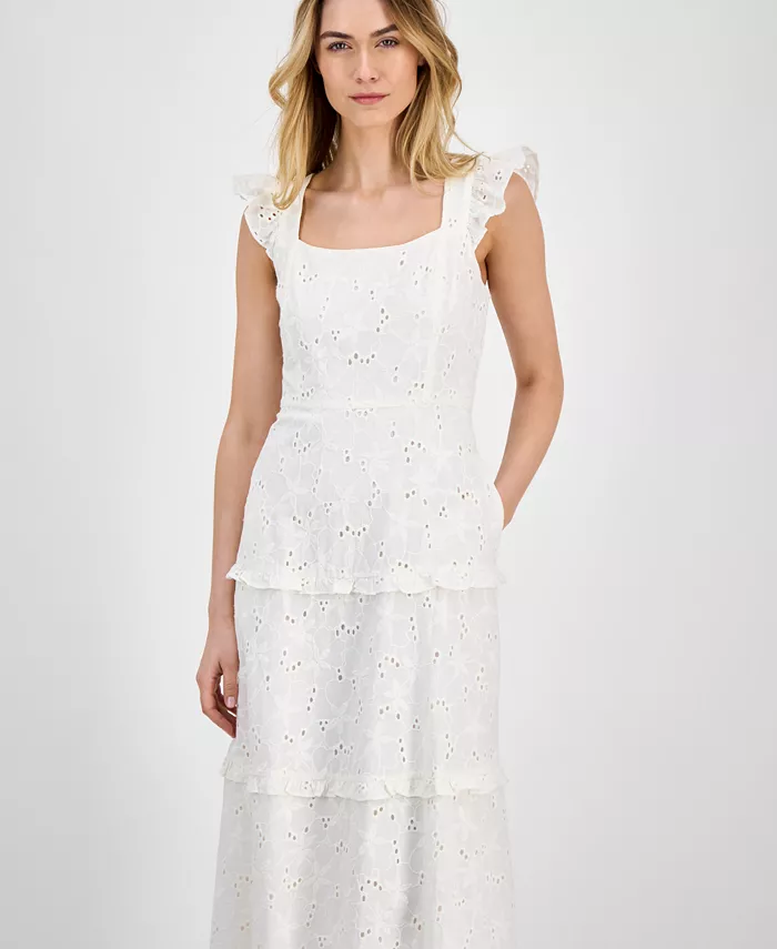 Alfani Anne Klein Women's Eyelet Square-Neck Tiered Midi Dress Women's Fashion Shoes & Accessories
