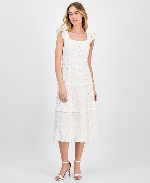 alfani Anne Klein Women's Eyelet Square-Neck Tiered Midi Dress Women's Fashion Shoes & Accessories