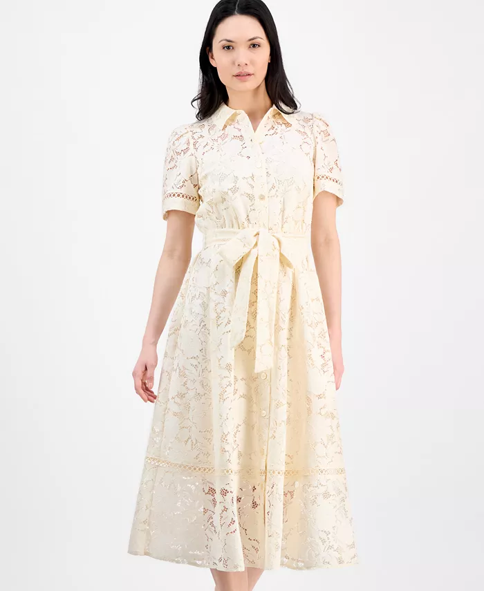 Alfani Anne Klein Women's Floral-Lace Tie-Waist Shirtdress Women's Fashion Shoes & Accessories