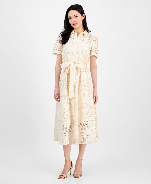 alfani Anne Klein Women's Floral-Lace Tie-Waist Shirtdress Women's Fashion Shoes & Accessories