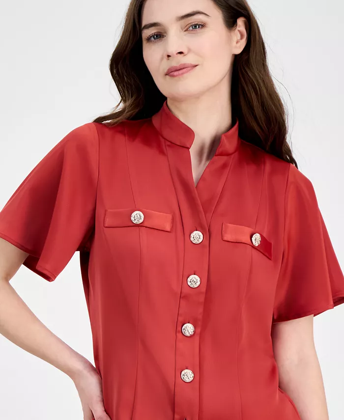 Alfani Anne Klein Women's Flutter-Sleeve Button-Front Blouse Women's Fashion Shoes & Accessories