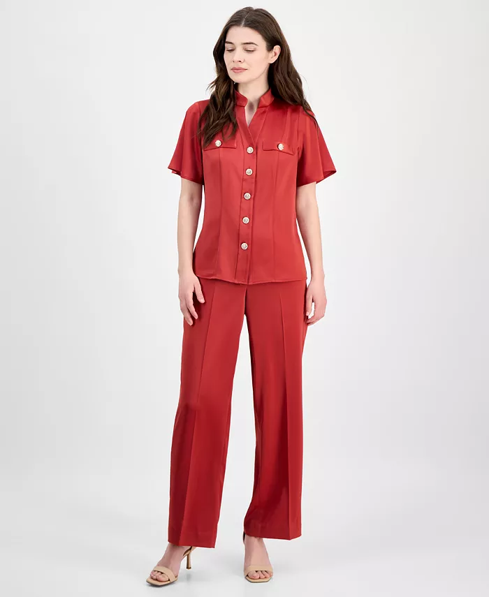 Alfani Anne Klein Women's Flutter-Sleeve Button-Front Blouse Women's Fashion Shoes & Accessories