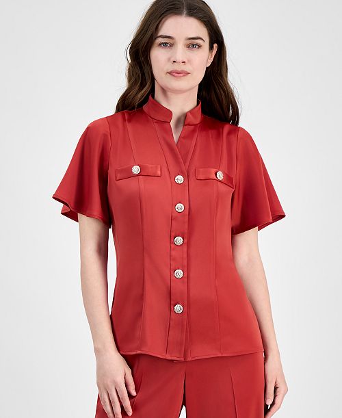 alfani Anne Klein Women's Flutter-Sleeve Button-Front Blouse Women's Fashion Shoes & Accessories