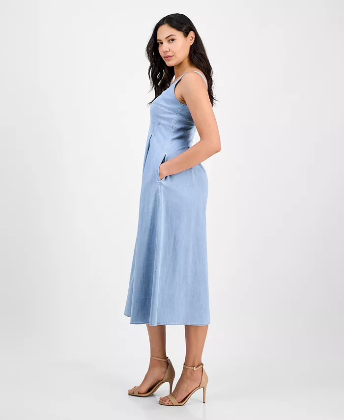 Alfani Anne Klein Women's Front-Pleated Square-Neck Midi Dress Women's Fashion Shoes & Accessories