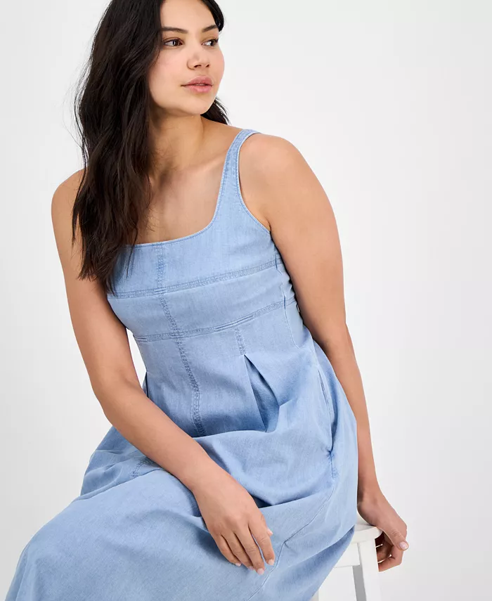 Alfani Anne Klein Women's Front-Pleated Square-Neck Midi Dress Women's Fashion Shoes & Accessories