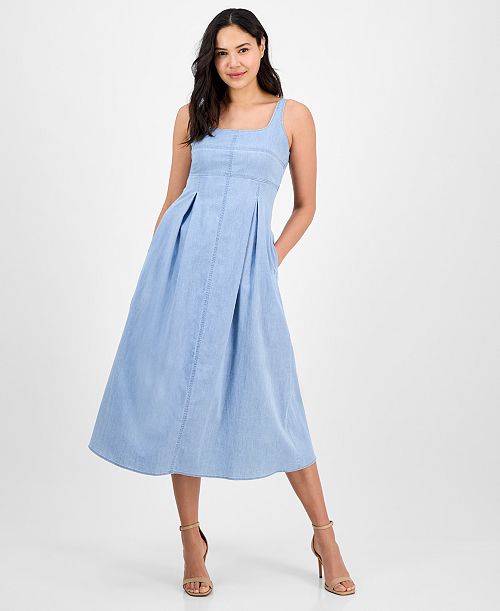 alfani Anne Klein Women's Front-Pleated Square-Neck Midi Dress Women's Fashion Shoes & Accessories