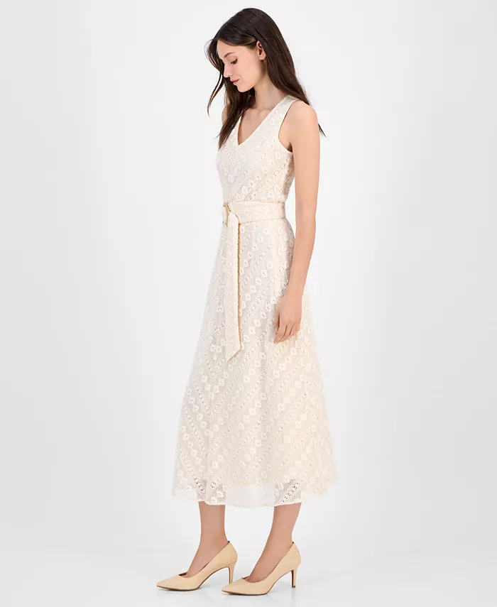 Alfani Anne Klein Women's Lace Belted Midi Dress Women's Fashion Shoes & Accessories