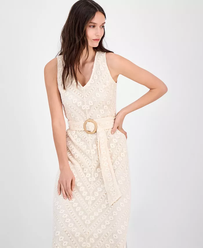 Alfani Anne Klein Women's Lace Belted Midi Dress Women's Fashion Shoes & Accessories