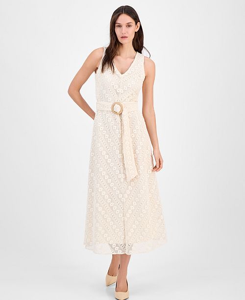 alfani Anne Klein Women's Lace Belted Midi Dress Women's Fashion Shoes & Accessories