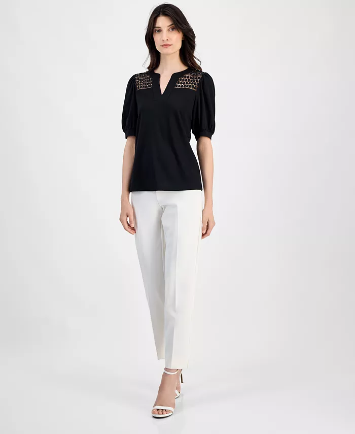 Alfani Anne Klein Women's Lace-Inset Puff-Sleeve Blouse Women's Fashion Shoes & Accessories
