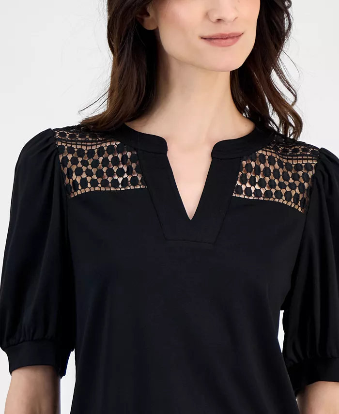 Alfani Anne Klein Women's Lace-Inset Puff-Sleeve Blouse Women's Fashion Shoes & Accessories