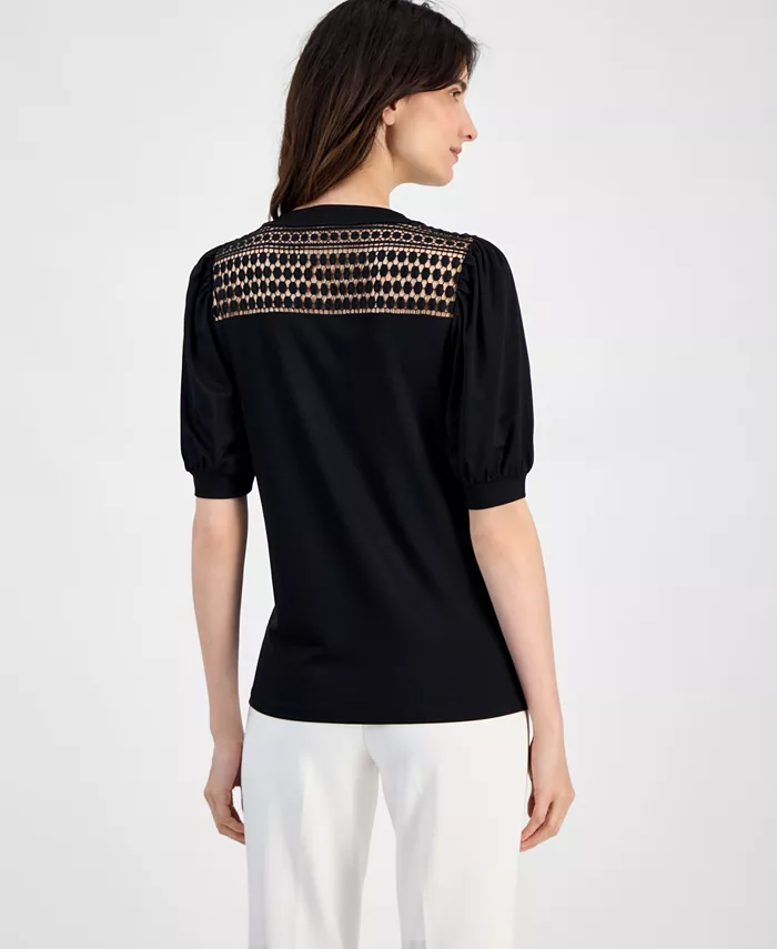 Alfani Anne Klein Women's Lace-Inset Puff-Sleeve Blouse Women's Fashion Shoes & Accessories