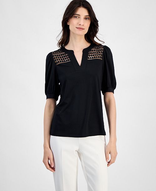 alfani Anne Klein Women's Lace-Inset Puff-Sleeve Blouse Women's Fashion Shoes & Accessories