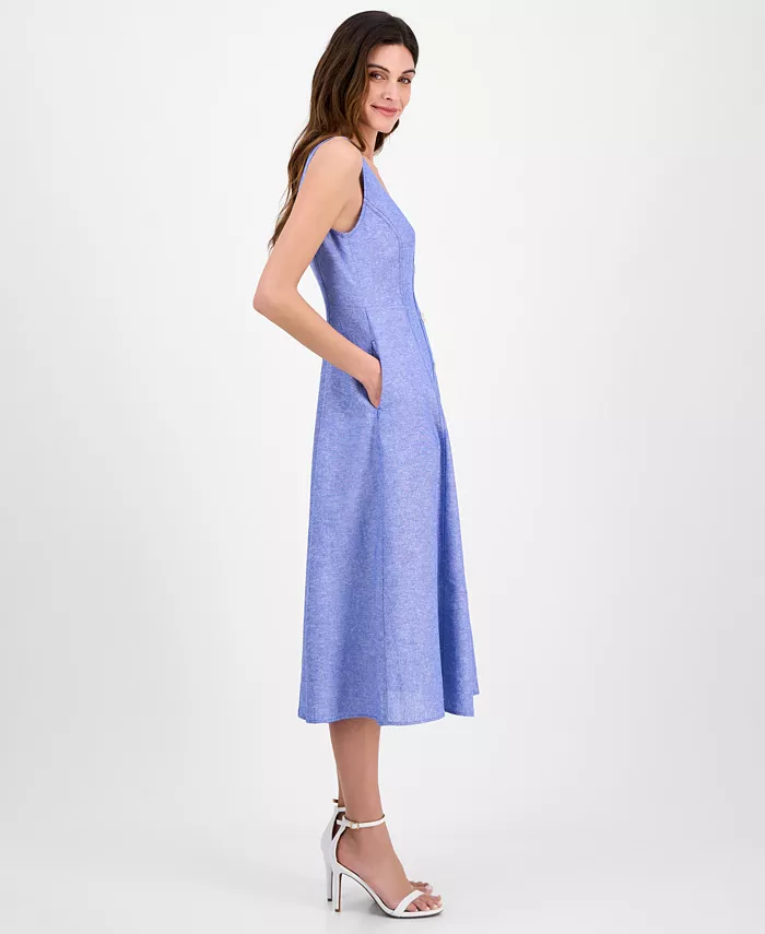 Alfani Anne Klein Women's Linen Blend Sleeveless Button-Front A-Line Dress Women's Fashion Shoes & Accessories