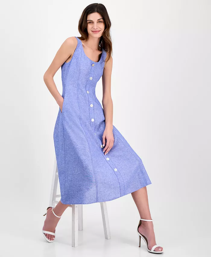 Alfani Anne Klein Women's Linen Blend Sleeveless Button-Front A-Line Dress Women's Fashion Shoes & Accessories