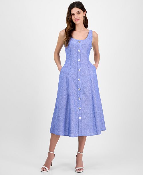 alfani Anne Klein Women's Linen Blend Sleeveless Button-Front A-Line Dress Women's Fashion Shoes & Accessories