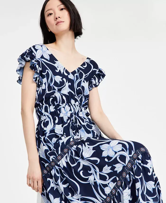 Alfani Anne Klein Women's Printed Border-Trim Drawstring Maxi Dress Women's Fashion Shoes & Accessories