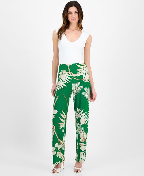 alfani Anne Klein Women's Printed High-Rise Pull-On Wide-Leg Pants Women's Fashion Shoes & Accessories