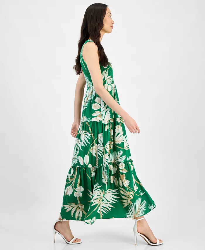 Alfani Anne Klein Women's Printed Smocked-Bodice Tiered Dress Women's Fashion Shoes & Accessories
